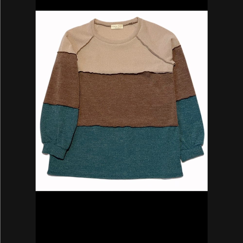 “NEW” 
Unisex Colorblock Sweater with Tan, Brown, and Teal color palette